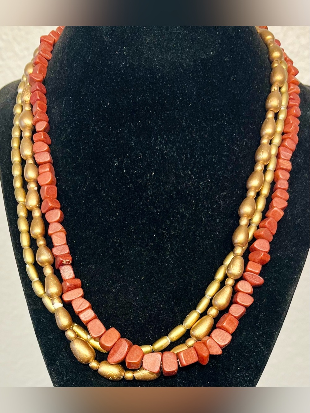 Vintage Multi-Strand Red and Gold Beaded Necklace
